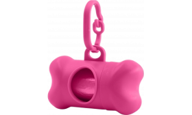 Distributeur de sacs à crottes rose en forme d'os, pratique pour les chiens, s'attache facilement à la laisse.