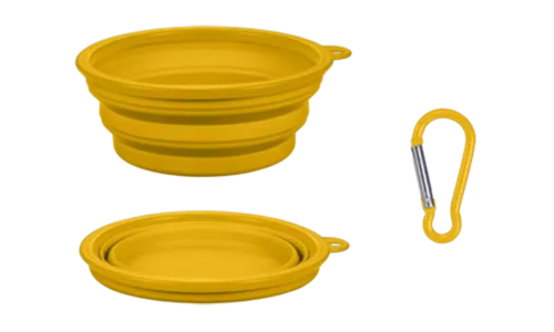 Bol pliable en silicone bleu pour chien avec un mousqueton, parfait pour une hydratation facile et portable lors des sorties en plein air ou des voyages.