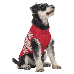 Pull d'hiver rouge pour chien, motif flocon de neige blanc, lavable, offre chaleur et style festif unique.