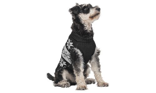 Pull d'hiver noir pour chien, motif flocon de neige blanc, lavable, offre chaleur et style festif unique.