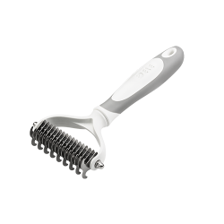 Râteau démêloir blanc pour chien, avec lames inox et poignée ergonomique, pour enlever les nœuds et réduire la perte.