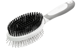 Brosse Double Face pour Chien Brosse double face pour chien, avec poignée ergonomique, poils doux d’un côté et picots métalliques de l’autre.