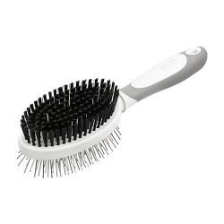 Brosse double face pour chien, avec poignée ergonomique, poils doux d’un côté et picots métalliques de l’autre.