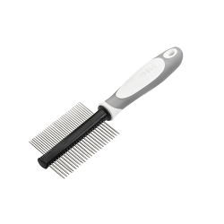 Peigne double face pour chien avec poignée ergonomique, dents métalliques fines et larges pour démêler et toiletter.