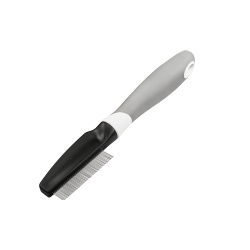 Peigne anti-puces pour chien et chat, dents métalliques fines et poignée ergonomique, conçu pour enlever puces et débris.