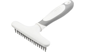 Râteau sous-poil pour chien, avec 32 dents métalliques et poignée ergonomique, pour poils morts et sous-poil.