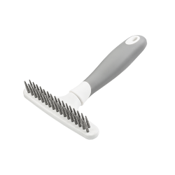 Râteau sous-poil pour chien, 32 dents métalliques, poignée ergonomique blanche, pour toilettage et poils morts.