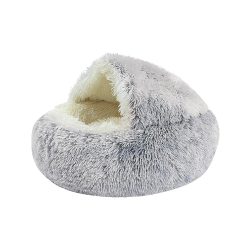 Lit pour animal en forme de chausson, gris, intérieur moelleux, matériau doux, espace clos pour un repos confortable.