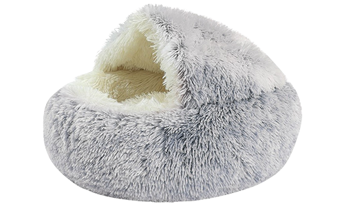 Panier Couchage Chien et Chat Lit pour animal en forme de chausson, gris, intérieur moelleux, matériau doux, espace clos pour un repos confortable.