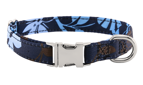 Collier chien à motif floral bleu avec boucle métal pour gravure du nom du chien, 36-60 cm x 2,5 cm, avec anneau en D.