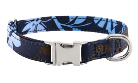 Collier chien à motif floral bleu avec boucle métal pour gravure du nom du chien, 36-60 cm x 2,5 cm, avec anneau en D.