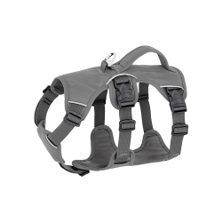 Harnais gris étanche pour chien avec sangles ajustables, adapté à différents chiens, avec anneau argenté robuste.