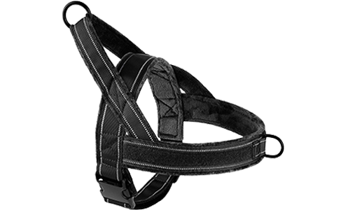 Harnais Réfléchissant et Rembourré pour Chien Anti-Traction Harnais réfléchissant noir avec rembourrage doux, design anti-traction, visibilité améliorée, sangles ajustables.