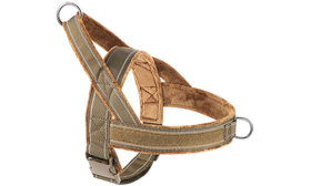 Harnais réfléchissant marron avec rembourrage doux, design anti-traction, visibilité améliorée, sangles ajustables.