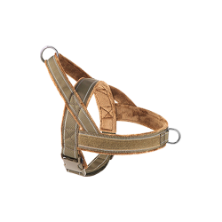 Harnais réfléchissant marron avec rembourrage doux, design anti-traction, visibilité améliorée, sangles ajustables.