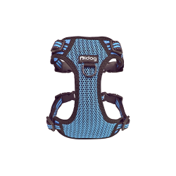 Harnais bleu en nylon respirant pour chien, avec sangles ajustables, boucles à dégagement rapide, pratique.