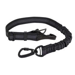 Laisse de sécurité réfléchissante noire pour chien, 55-65 cm, sangles ajustables, clip métallique pour voyage sécurisé.