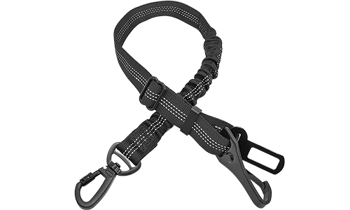 Laisse de sécurité réfléchissante noire pour chien, 55-65 cm, sangles ajustables, clip métallique pour voyages sereins.