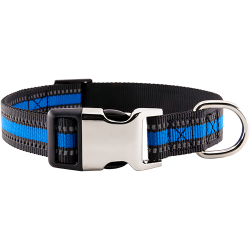 Collier chien réfléchissant bleu avec boucle métal ajustable, 27-40 cm x 1,5 cm, avec anneau en D pour attacher la laisse.
