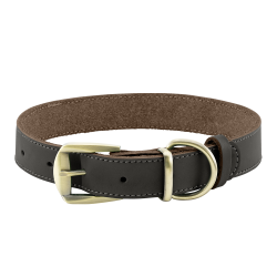 Collier chien en cuir véritable marron avec boucle dorée ajustable, durable et solide, anneau en D pour la laisse.