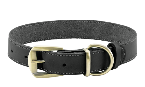 Collier chien en cuir véritable noir avec boucle dorée ajustable, durable et solide, anneau en D pour la laisse.