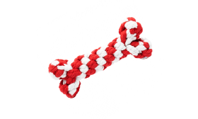 Jouets pour Chiens en Corde – Lot de 4 Ensemble de quatre jouets en corde pour chien rouges et blancs, avec anneau, baguette, cœur et os, sûrs et amusants.
