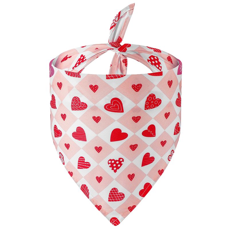 Bandana à Motif Cœurs pour Chiens Bandana imprimé cœur pour chien avec design à carreaux roses et blancs, motifs de cœurs rouges, lavable à la main.