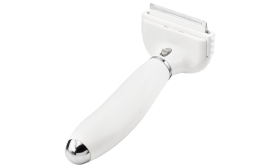 Petite brosse anti-perte blanche pour chien, dents métalliques fines et poignée, réduit la perte de poils.