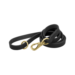 Laisse en cuir véritable noir pour chien, 150 cm, confortable, avec fermoir et anneau métalliques dorés pour durabilité.