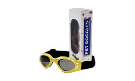 Lunettes de Soleil Élégantes pour Chien avec Protection UV Lunettes de soleil jaunes pour chien, protection UV, verres teintés, look stylé, ajustables et confortables.