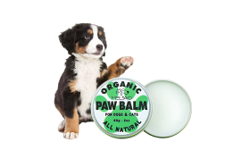 Baume Bio pour les Pattes des Chiens et Chats Boîte verte et blanche de baume bio pour pattes de chiens et chats, 60g, formule sans danger si léché.
