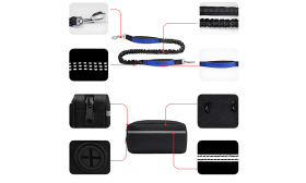 Laisse mains libres bleue pour chien, coutures réfléchissantes, ceinture ajustable, pochette, de 27 à 48 pouces.