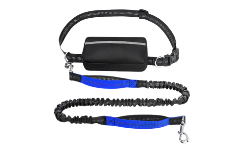 Laisse mains libres bleue pour chien, ceinture ajustable et pochette, de 27 à 48 pouces, idéale pour courir.