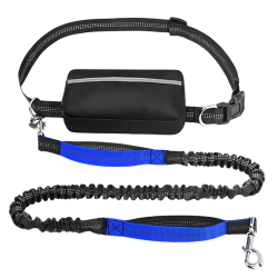 Laisse mains libres bleue pour chien, ceinture ajustable et pochette, de 27 à 48 pouces, idéale pour courir.