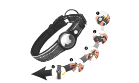 Collier chien réfléchissant noir avec support Airtag, ajustable, nylon léger, matériaux confortables et robustes.