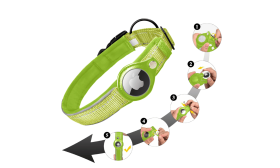 Collier chien réfléchissant vert avec support Airtag, ajustable, nylon léger, matériaux confortables et robustes.