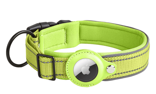 Collier chien réfléchissant vert avec support Airtag, ajustable, nylon léger, pour le suivi du chien et la visibilité.