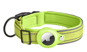 Collier chien réfléchissant vert avec support Airtag, ajustable, nylon léger, pour le suivi du chien et la visibilité.