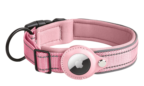 Collier chien réfléchissant rose clair avec support Airtag, ajustable, nylon léger, pour le suivi du chien et la visibilité.