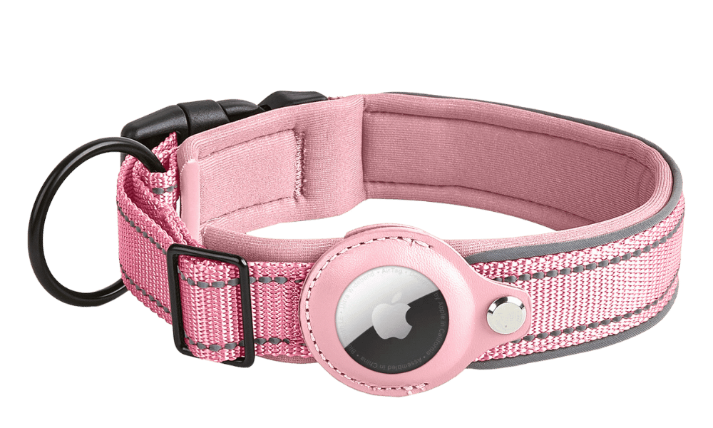 Collier Airtag Réfléchissant pour Chien Collier chien réfléchissant rose clair avec support Airtag, ajustable, nylon léger, pour le suivi du chien et la visibilité.