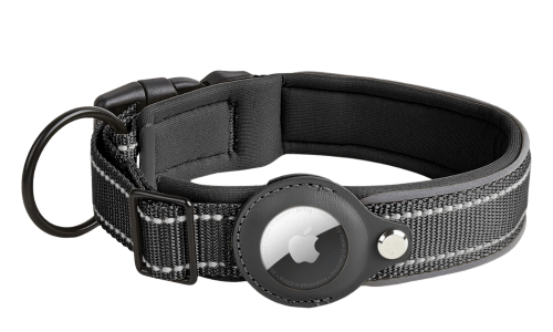Collier chien réfléchissant noir avec support Airtag, ajustable, nylon léger, pour le suivi du chien et la visibilité.