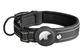 Collier chien réfléchissant noir avec support Airtag, ajustable, nylon léger, pour le suivi du chien et la visibilité.