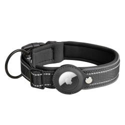 Collier chien réfléchissant noir avec support Airtag, ajustable, nylon léger, pour le suivi du chien et la visibilité.