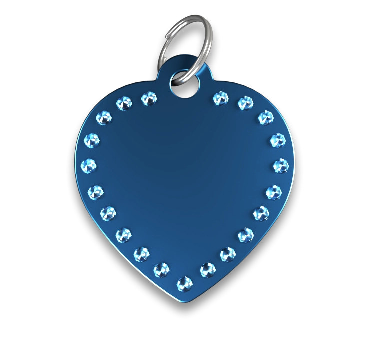 Médaille Chien Gravée Cœur Luxe Médaille chien luxe cœur bleue avec strass et anneau en argent, personnalisable avec le nom du chien gravé.