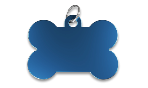Médaille chien os bleue, finition lisse, avec anneau en argent, personnalisable avec le nom du chien gravé.