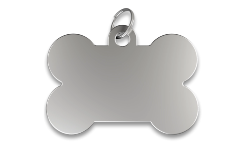 Médaille chien os argentée, finition lisse, avec anneau en argent, personnalisable avec le nom du chien gravé.