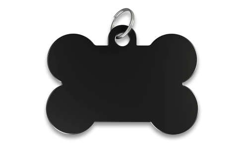 Médaille chien os noire, finition lisse, avec anneau en argent, personnalisable avec le nom du chien gravé.