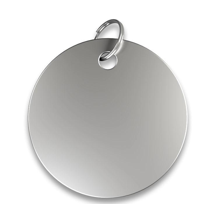 Médaille Chien Gravée Ronde Médaille chien ronde argentée, finition lisse, avec anneau en argent, personnalisable avec le nom du chien gravé.