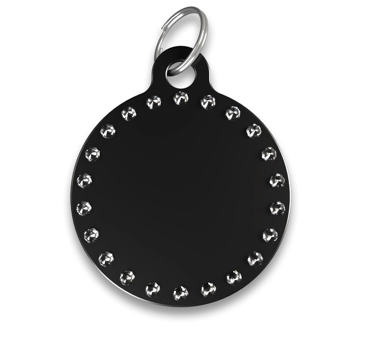Médaille Chien Gravée Ronde Luxe Médaille chien luxe ronde C noire avec strass et anneau en argent, personnalisable avec le nom du chien gravé.