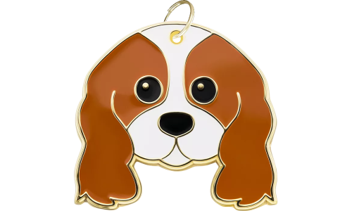 Médaille chien gravée en forme de tête de Cavalier King, expression souriante, contour doré, pour identification.